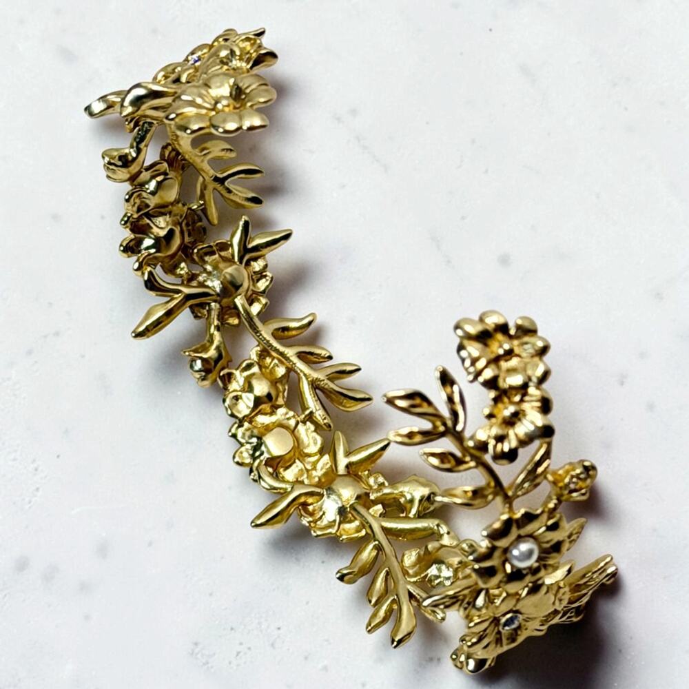 Spartina 449 Posy Party Floral Cuff Bracelet Faux Pearls Crystal 18K Gold Plated - Picture 3 of 5